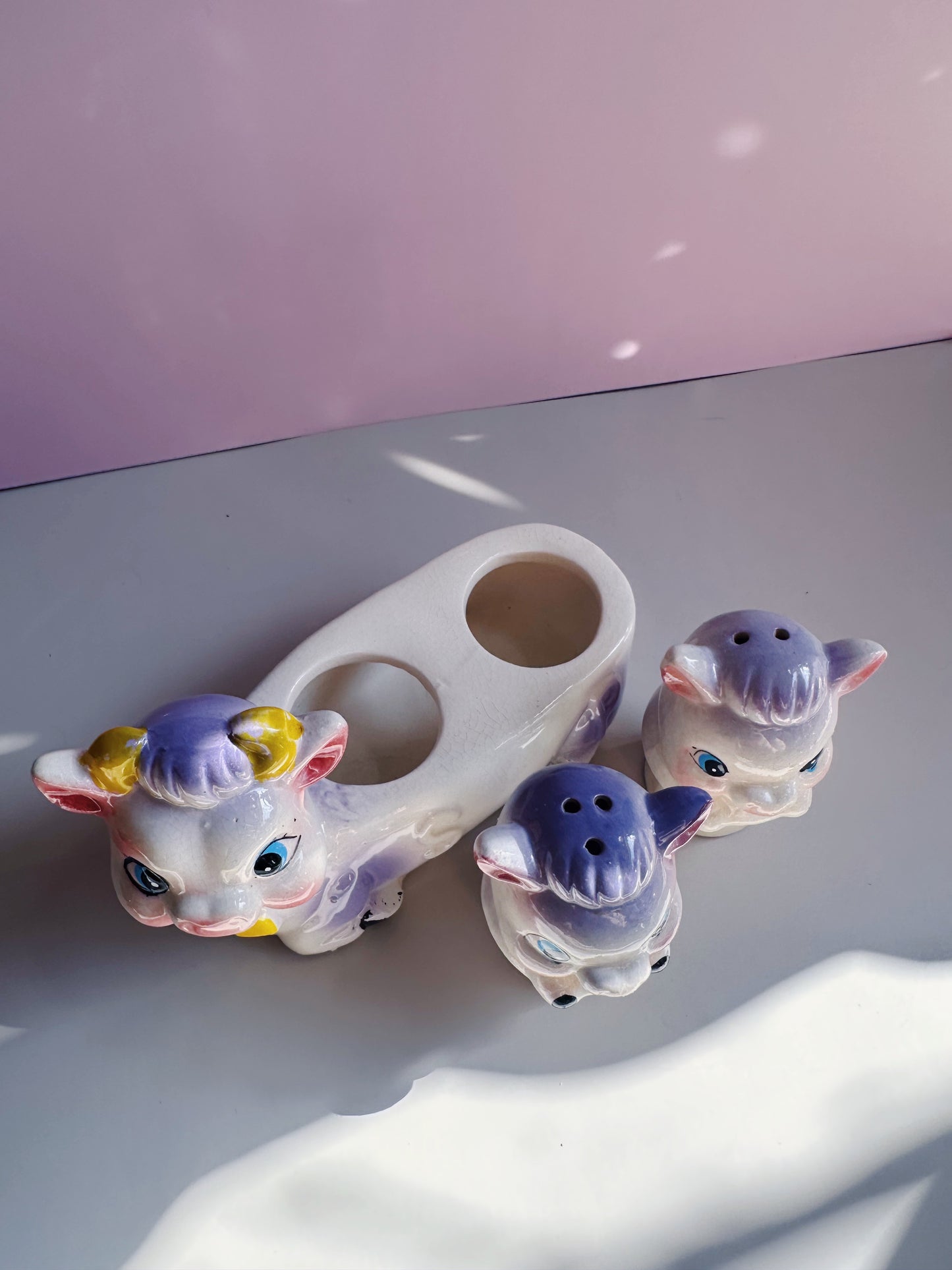 Vintage Cow Salt & Pepper Shakers Anthropomorphic Holder Set 1950s Japan Ceramic