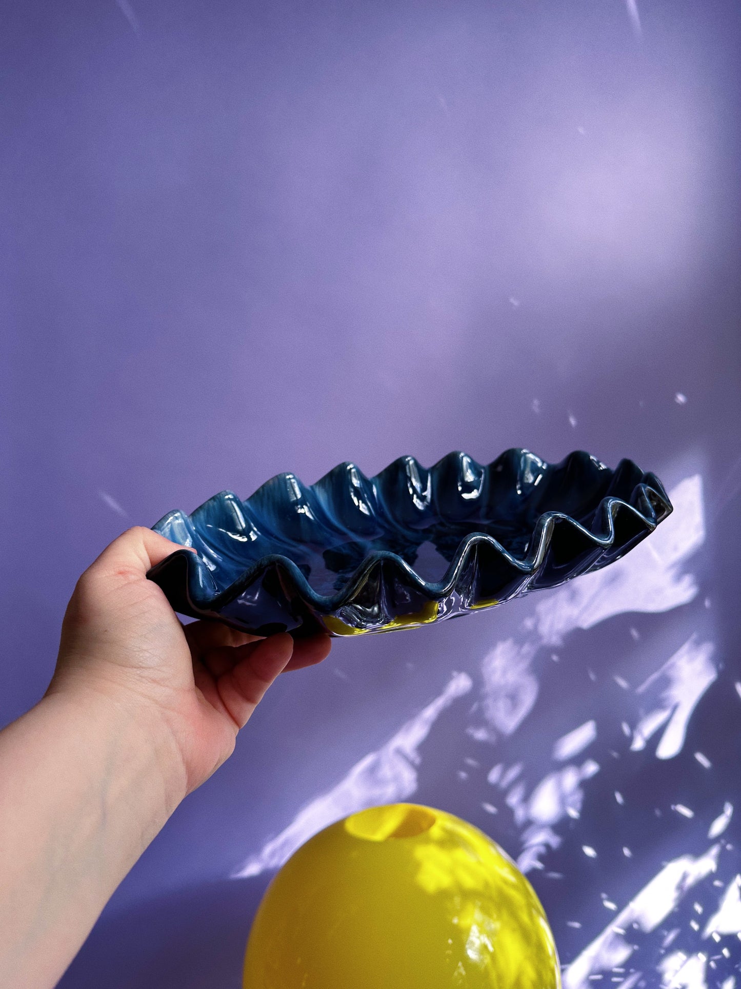 Artisan Made Blue Mountain Pottery Ruffled Dish Blue Dripped Glaze