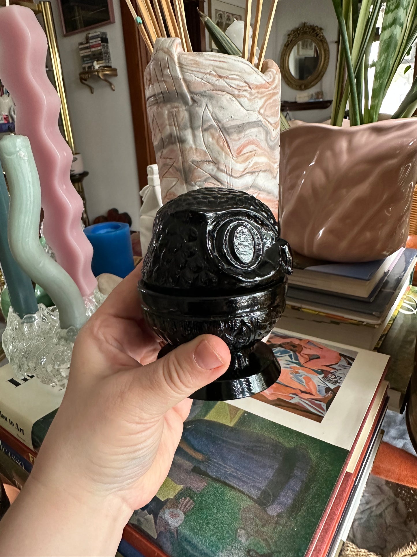 Vintage Fenton Glass Wise Owl Decision Maker Black Trinket Dish – Swivel Head