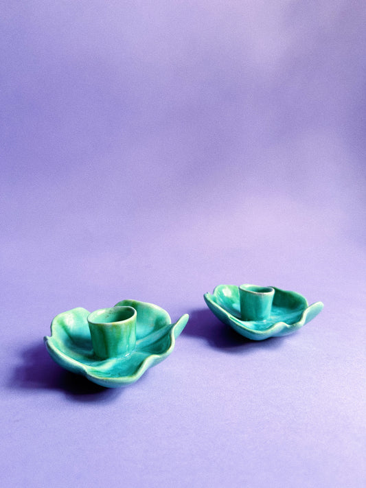 Vintage Ceramic Teal Flower Candlesticks