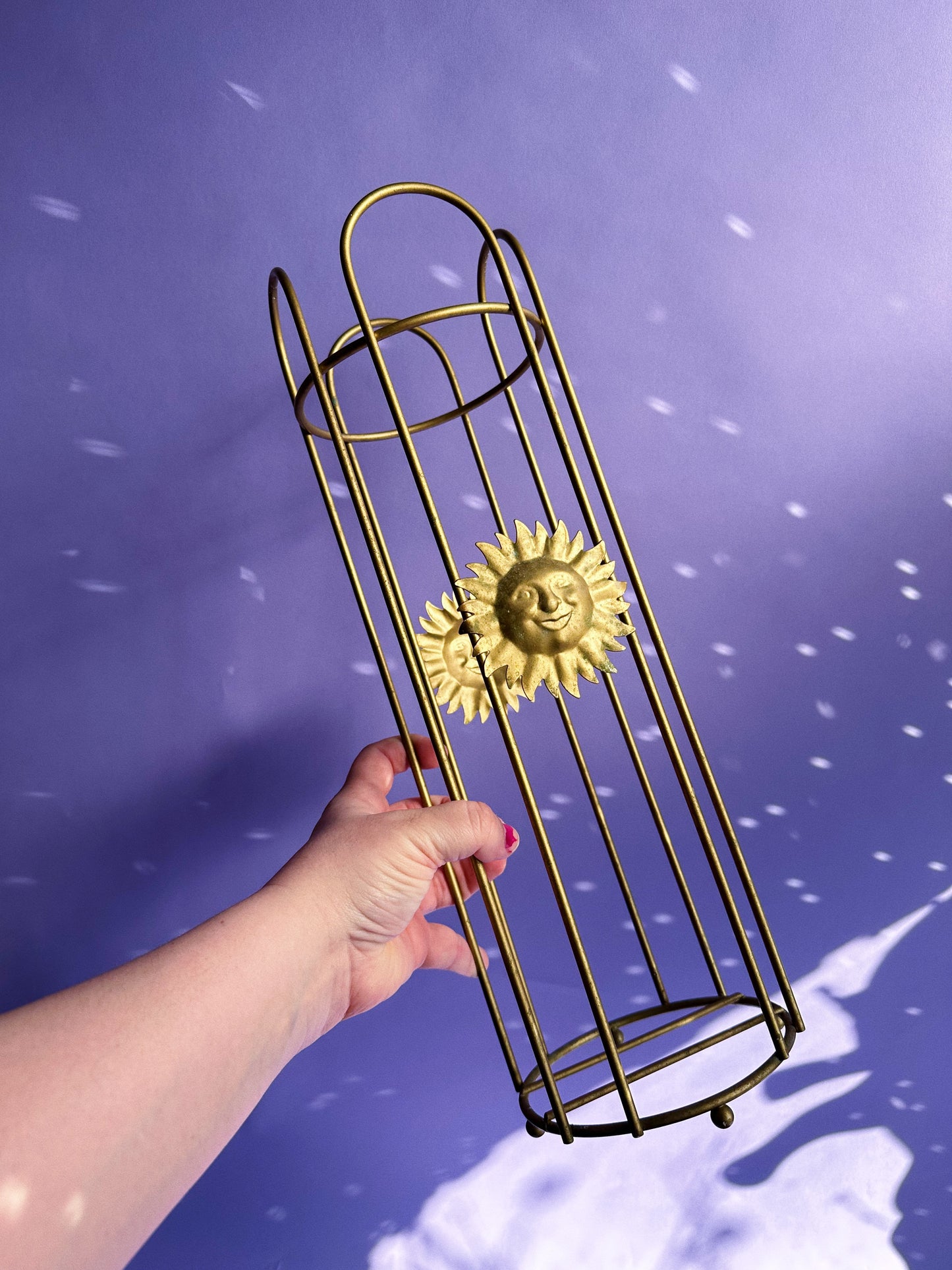 Vintage Celestial Sun Toilet Paper Stand Holder Gold Tone Metal 17” High