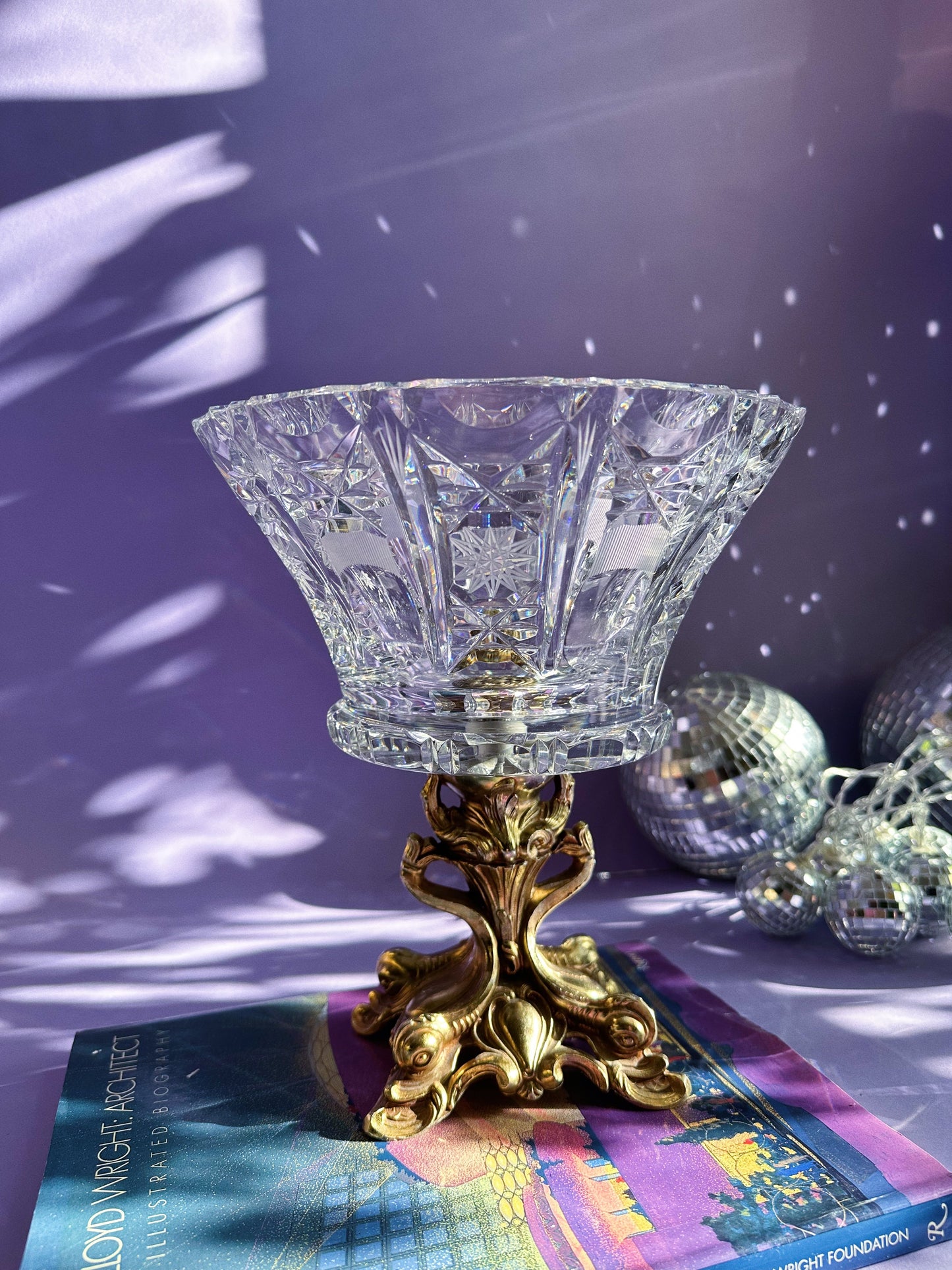 L&L Cut Glass Pedestal Centerpiece Bowl Bronze Brass 9 1/8 X 8 1/2"