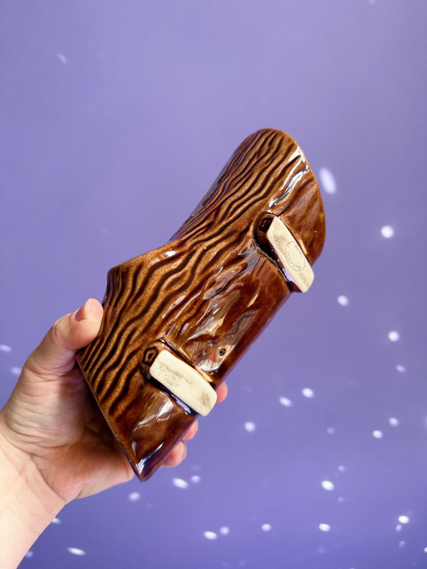 4 Wick Coconut Soy Teakwood Candle In A Vintage Ceramic Glazed Log