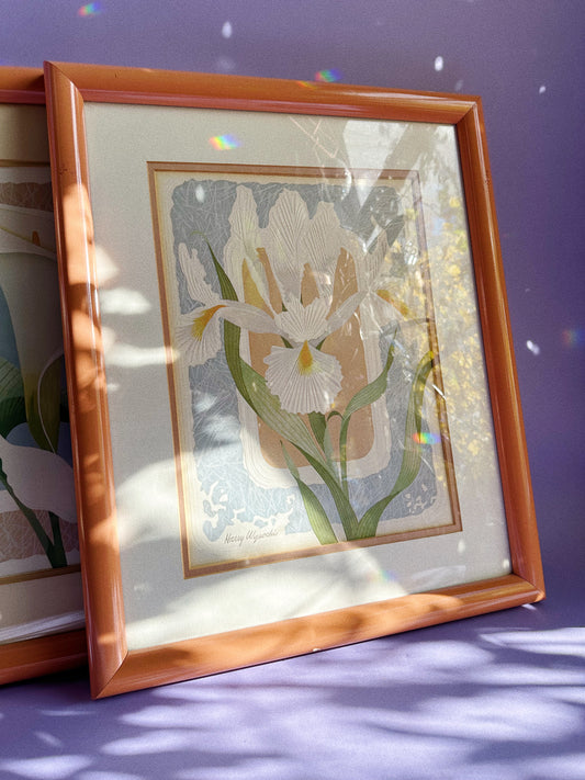 Vintage Post Modern Harry Wysocki Peach Framed Vintage Flower Prints