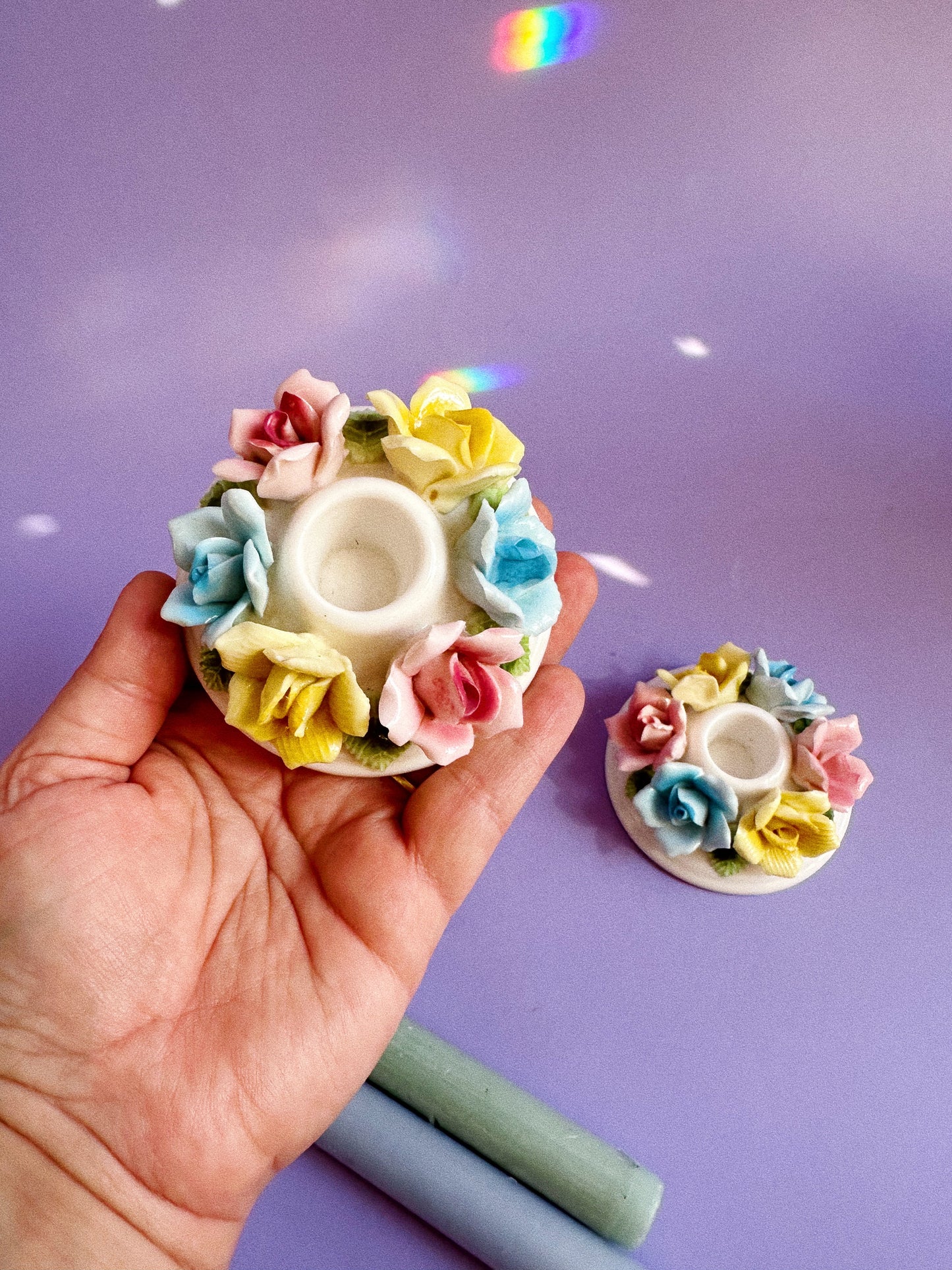 Vintage Taper Candle Holders Ceramic Flowers Pastel Japan Pink Blue Yellow