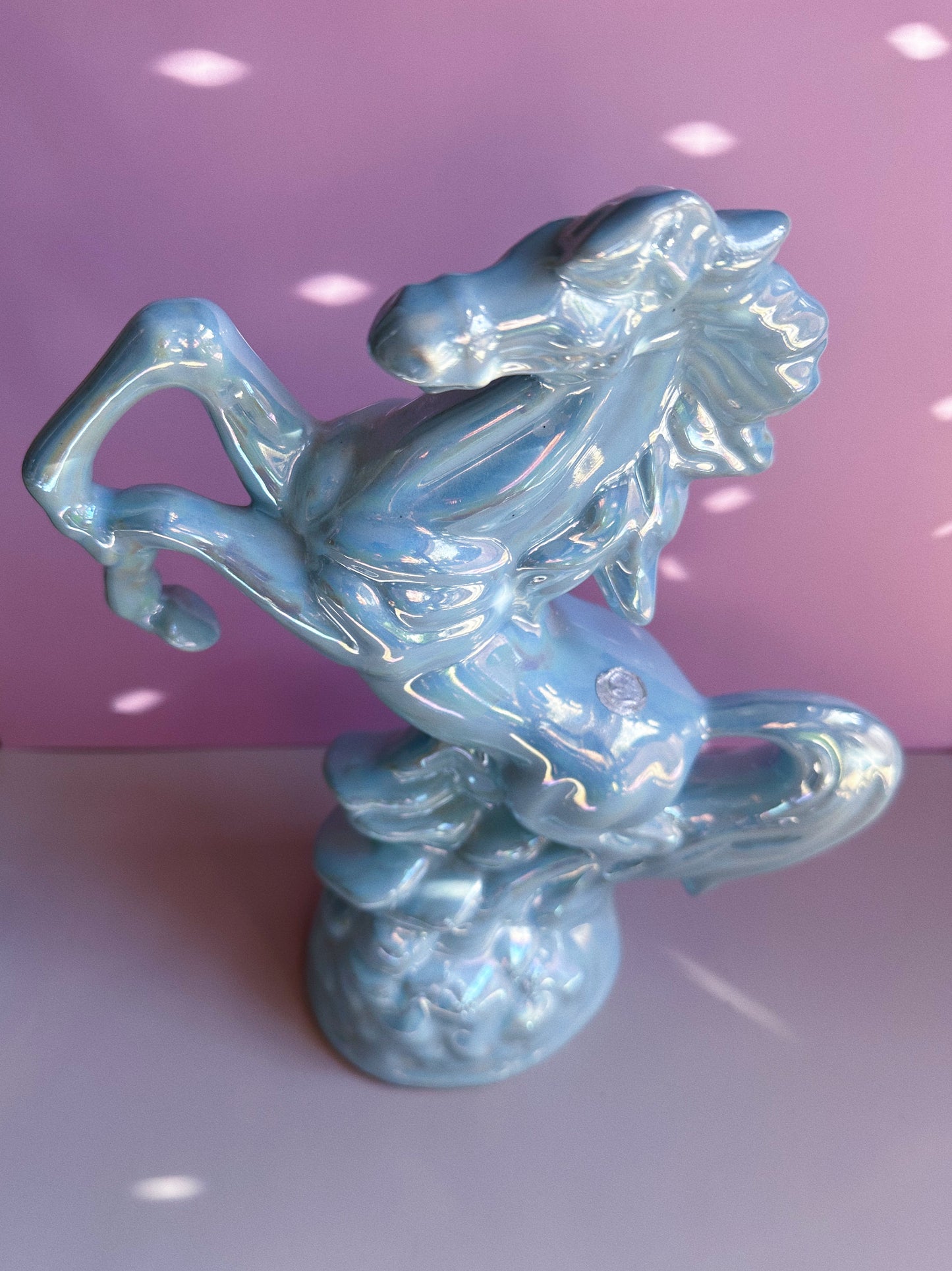 Vintage Ceramic Rearing Horse Figurine - Iridescent Light Blue - Portugal
