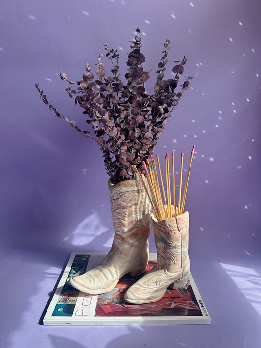 Vintage Marbled Concrete Cowboy Boot Sculpture Planter Vase Distressed (Larger)