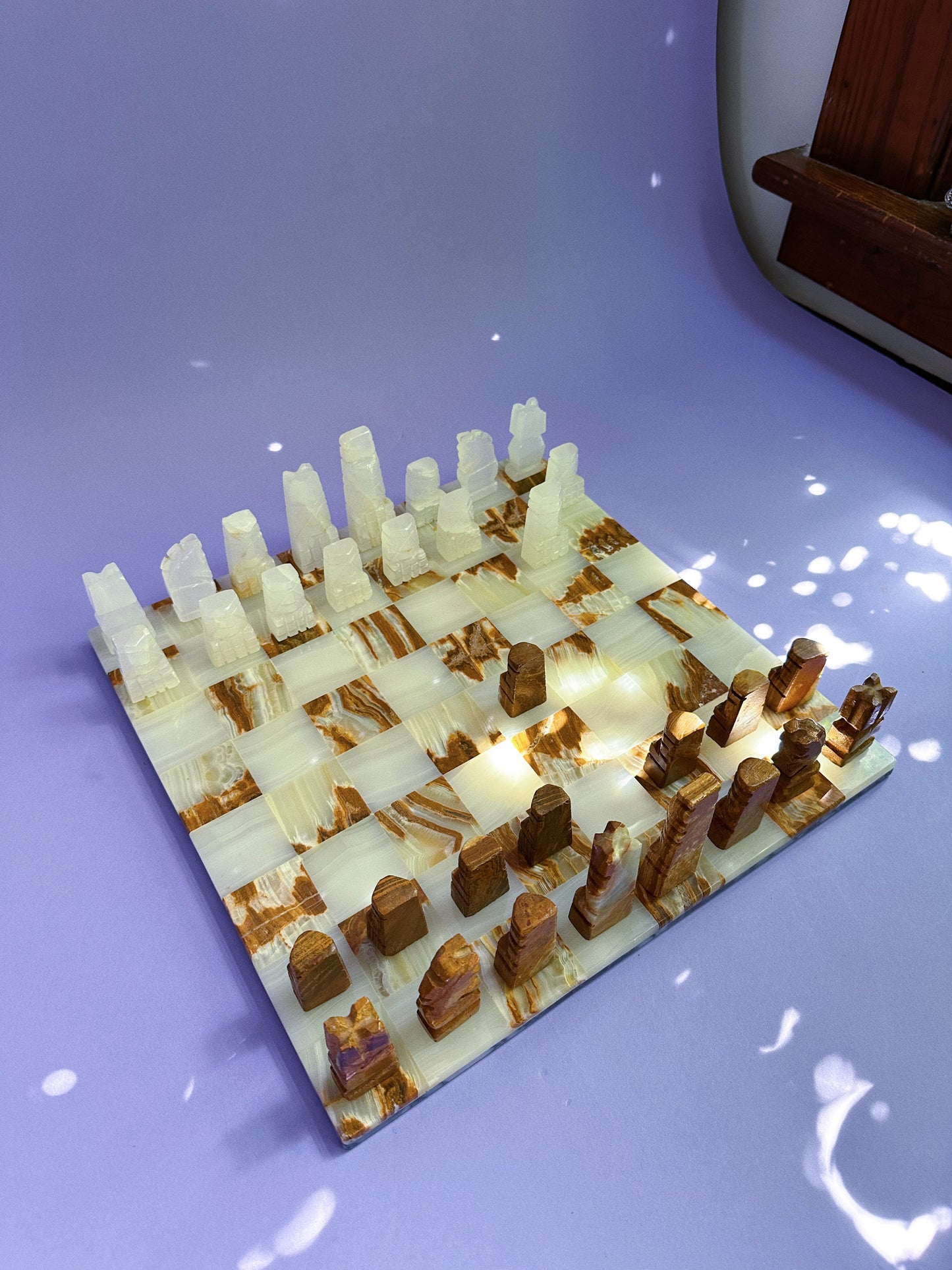 Vintage Complete Aztec Chess Set Marble Cut Stone Hand Carved Large Brown White