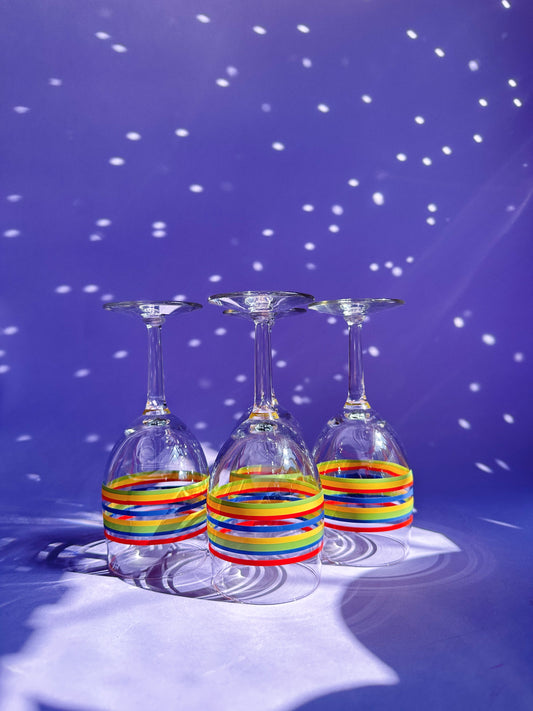 Vintage Set of 4 Libbey Mambo Fiesta Stripped Red Green Blue Yellow Wine Glasses