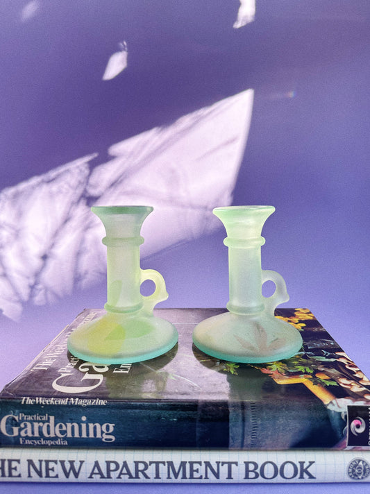 Vintage Italian Green Frosted Glass Candlesticks