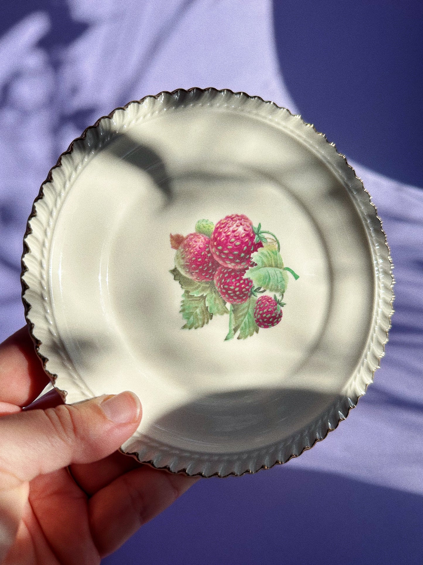 Vintage Set of 6 Berry Plates w/ Wavy Gold Trim