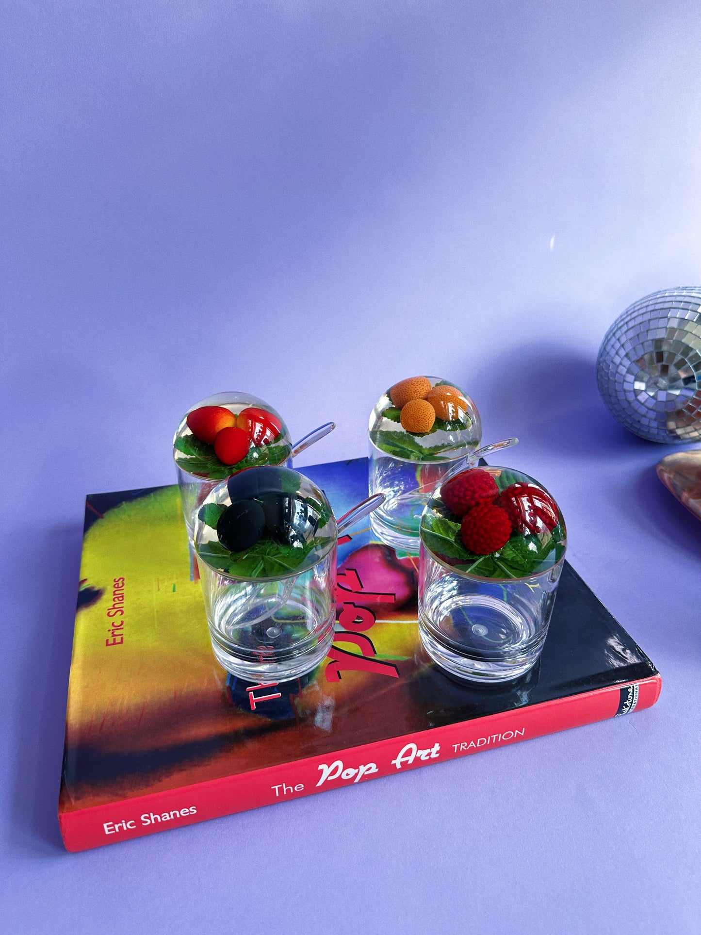 Vintage Set of 4 Lucite & Acrylic Jam Jars w/ 3 Spoons, Oranges and Berries