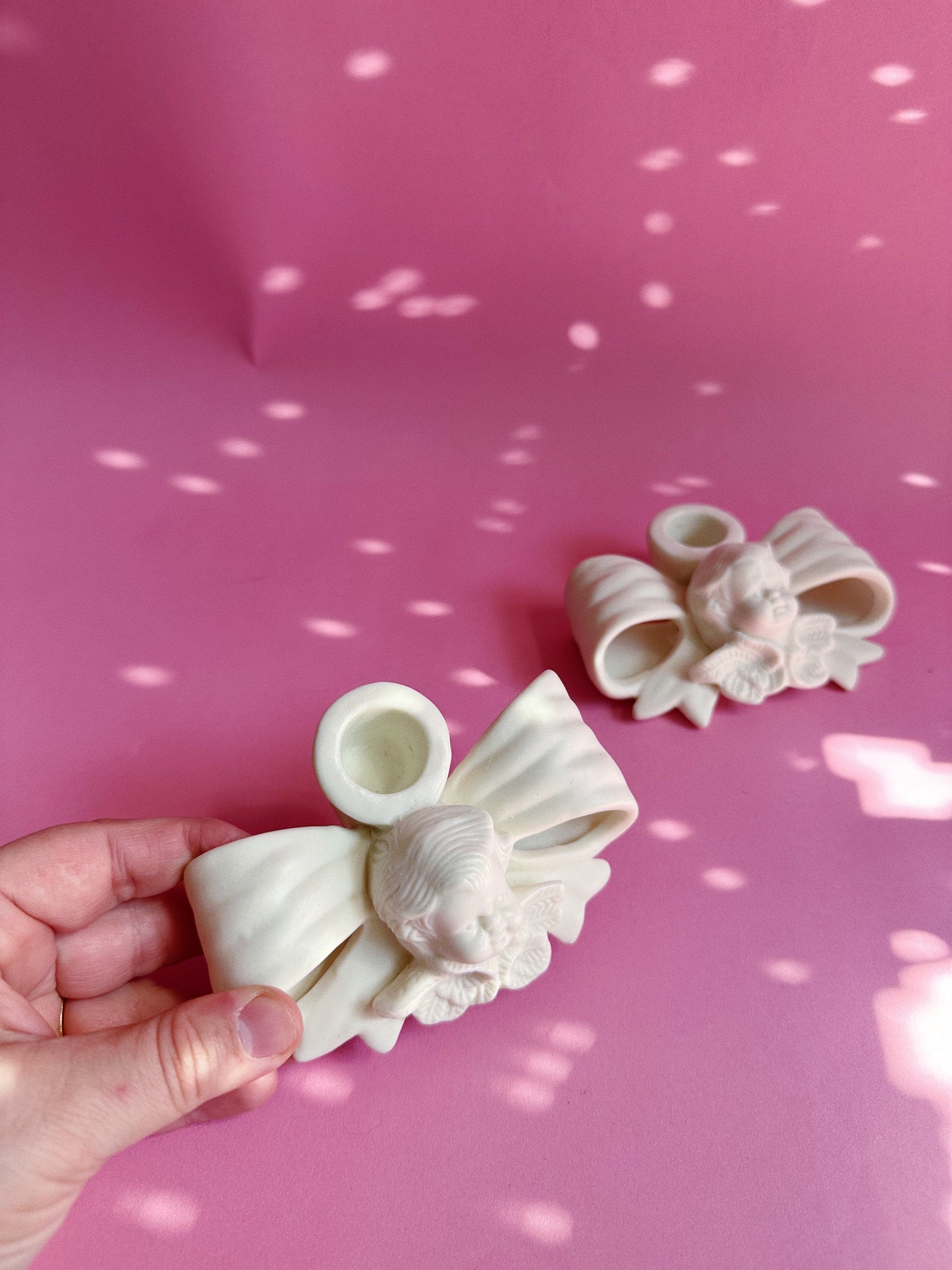 Vintage White Porcelain Cherub & Bow Candlesticks for Taper Candles