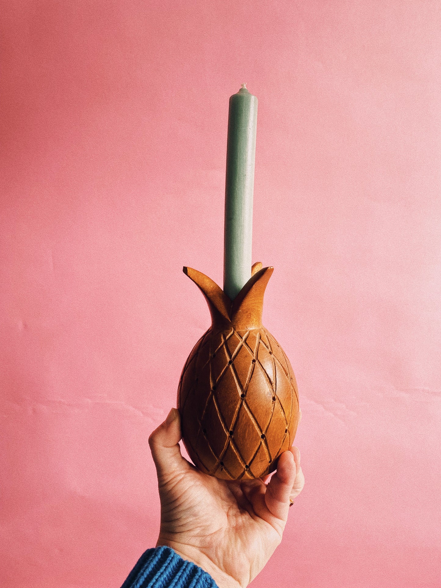 Pair of MCM Solid Handcrafted Pineapple Wood Candle Holders