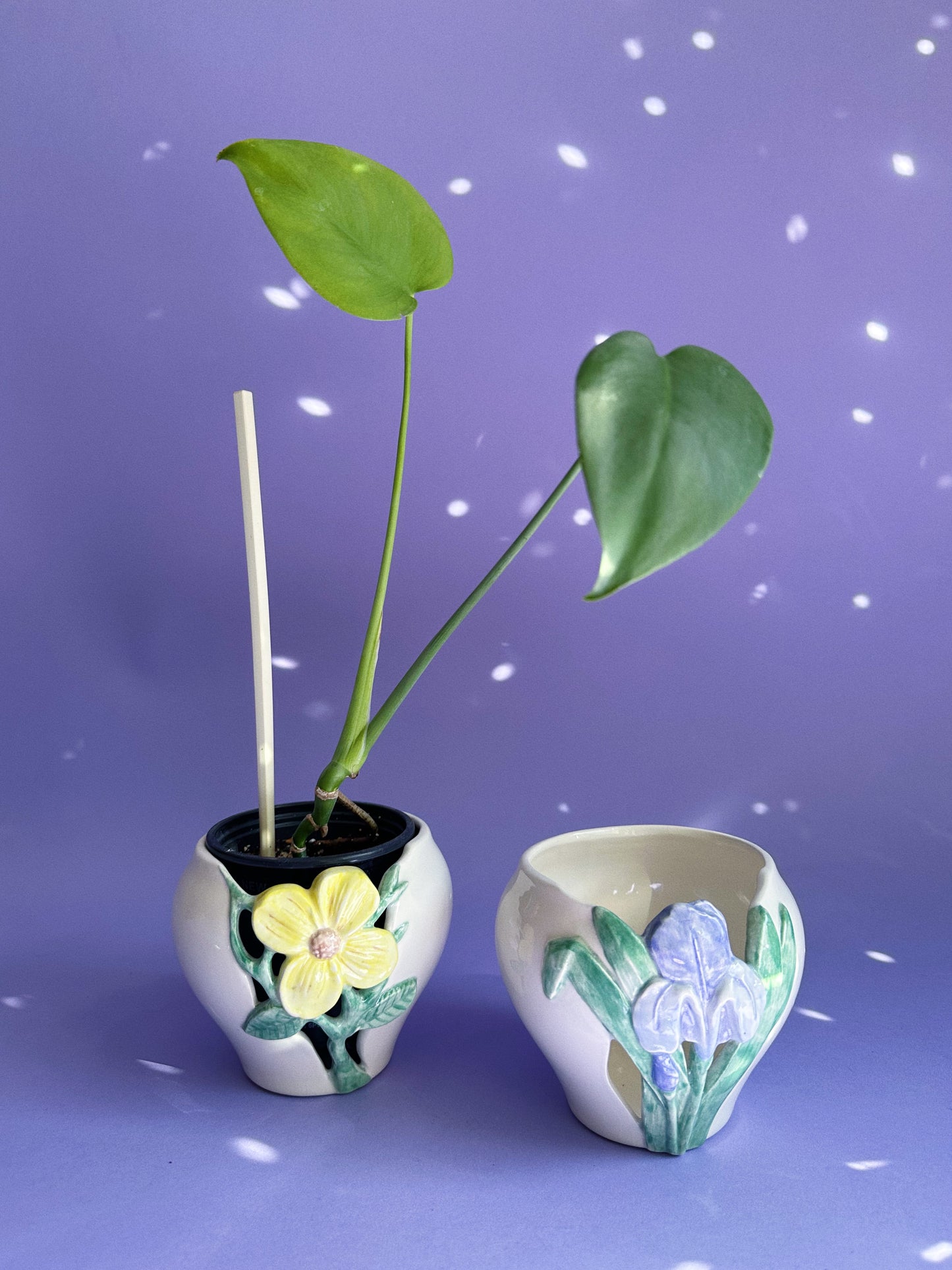 Pair of Y2K Glazed Ceramic Floral Cache Pots / Planters