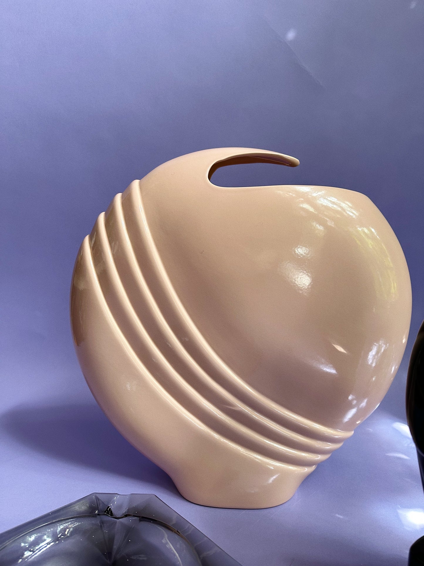 Large Pink Vintage 80's Art Deco Abstract Wave Ceramic Vase