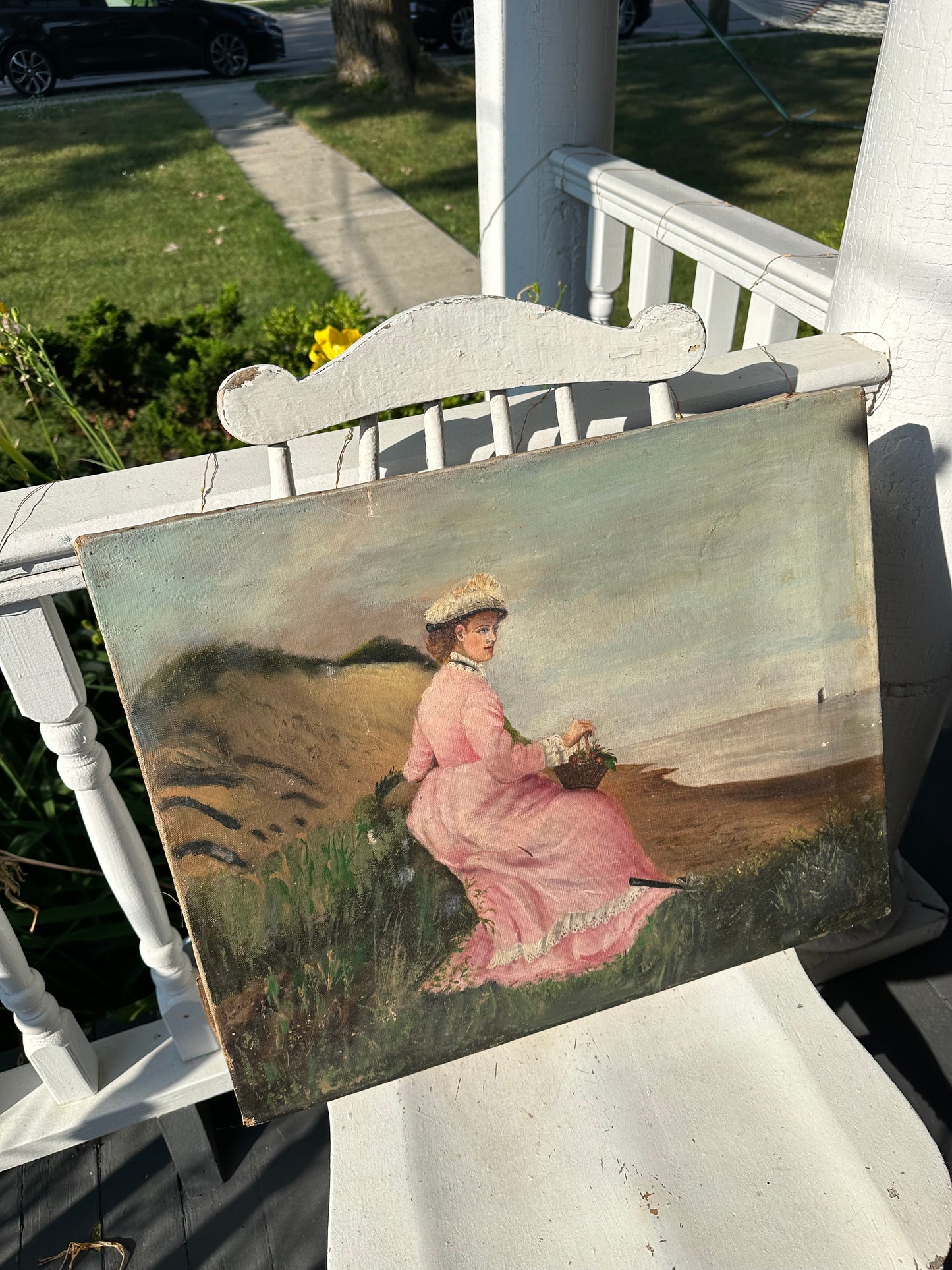Victorian Oil-On-Canvas Young Lady By The Shore, Boat, Basket Flowers, Unframed