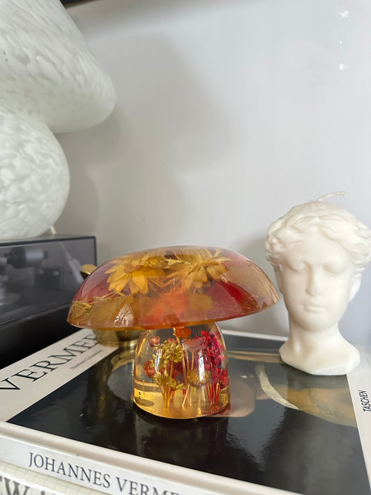 Vintage 70s Lucite Resin Mushroom w Preserved Dried Red Yellow Flowers
