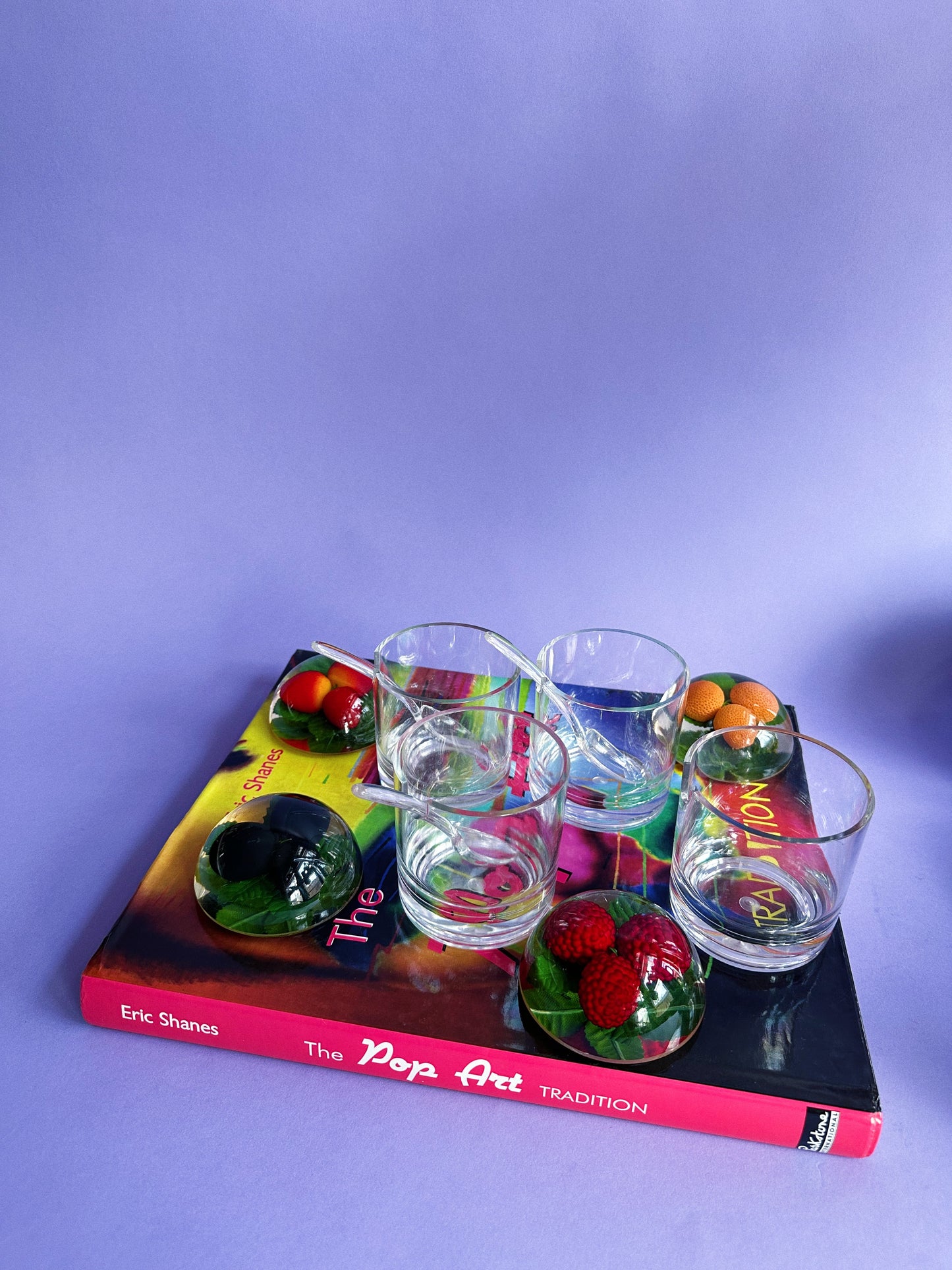 Vintage Set of 4 Lucite & Acrylic Jam Jars w/ 3 Spoons, Oranges and Berries
