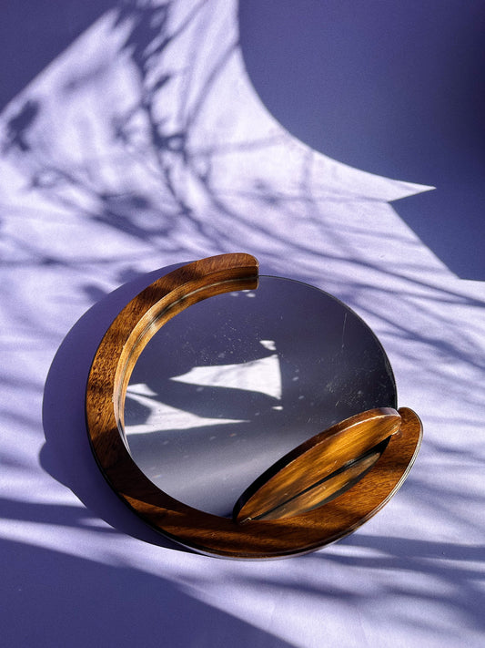 Vintage Handmade Dark Brown Wood Mirror & Shelf