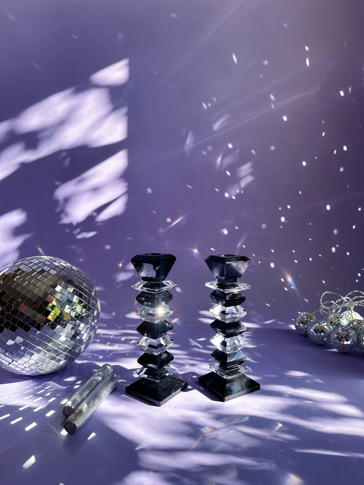 Vintage Heavy Crystal Black & Clear Candle Holders Candlesticks