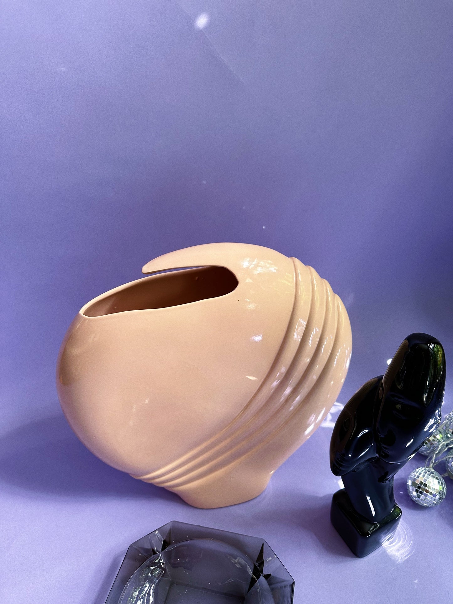 Large Pink Vintage 80's Art Deco Abstract Wave Ceramic Vase