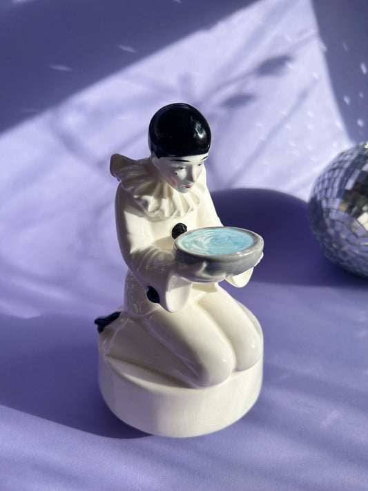 Vintage Spinning Porcelain Clown Pierrot Mime w Bowl 1980s Hand Painted Figurine