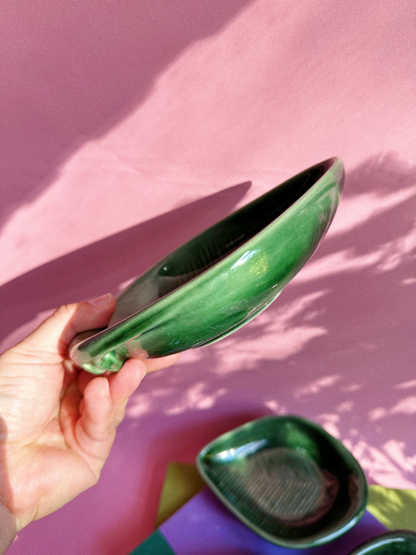 Set of 6 Green Leaf Glazed Pottery Serving Dishes