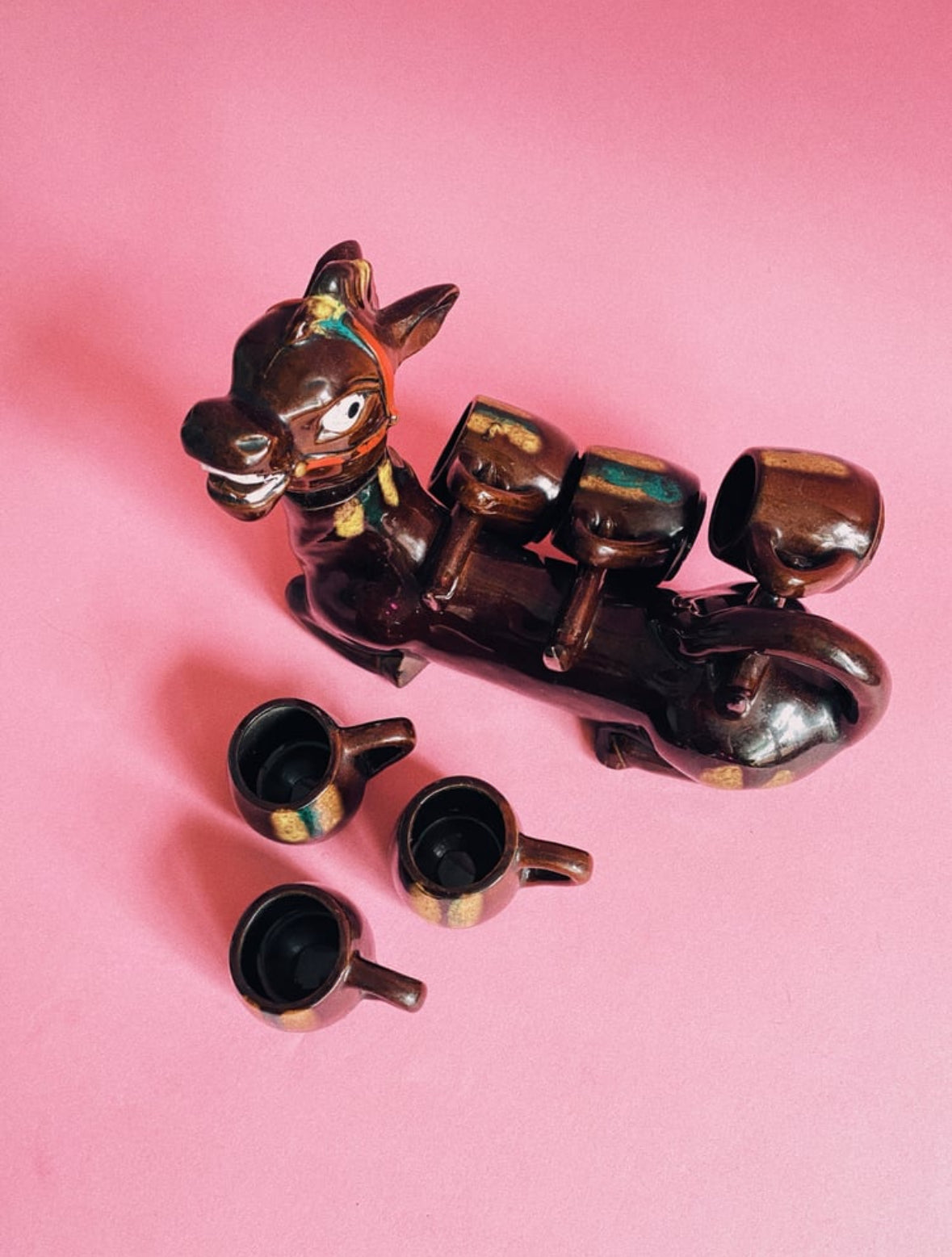 Vintage MCM Donkey Decanter With Six Shot Glasses