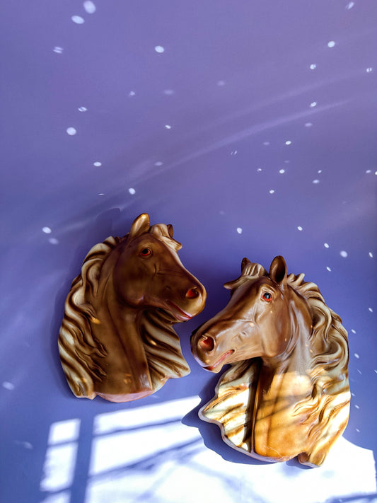 2 Large Vintage MCM Chalkware / Plaster 16" Horse Head Wall Mount 3-D Sculpture