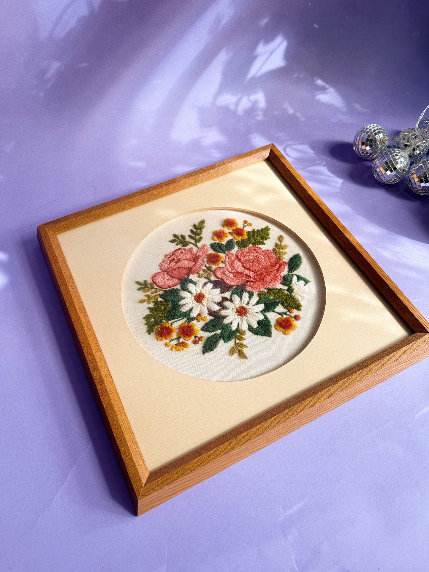 Gorgeous Vintage Wood Framed Pink Floral Embroidered Crewel