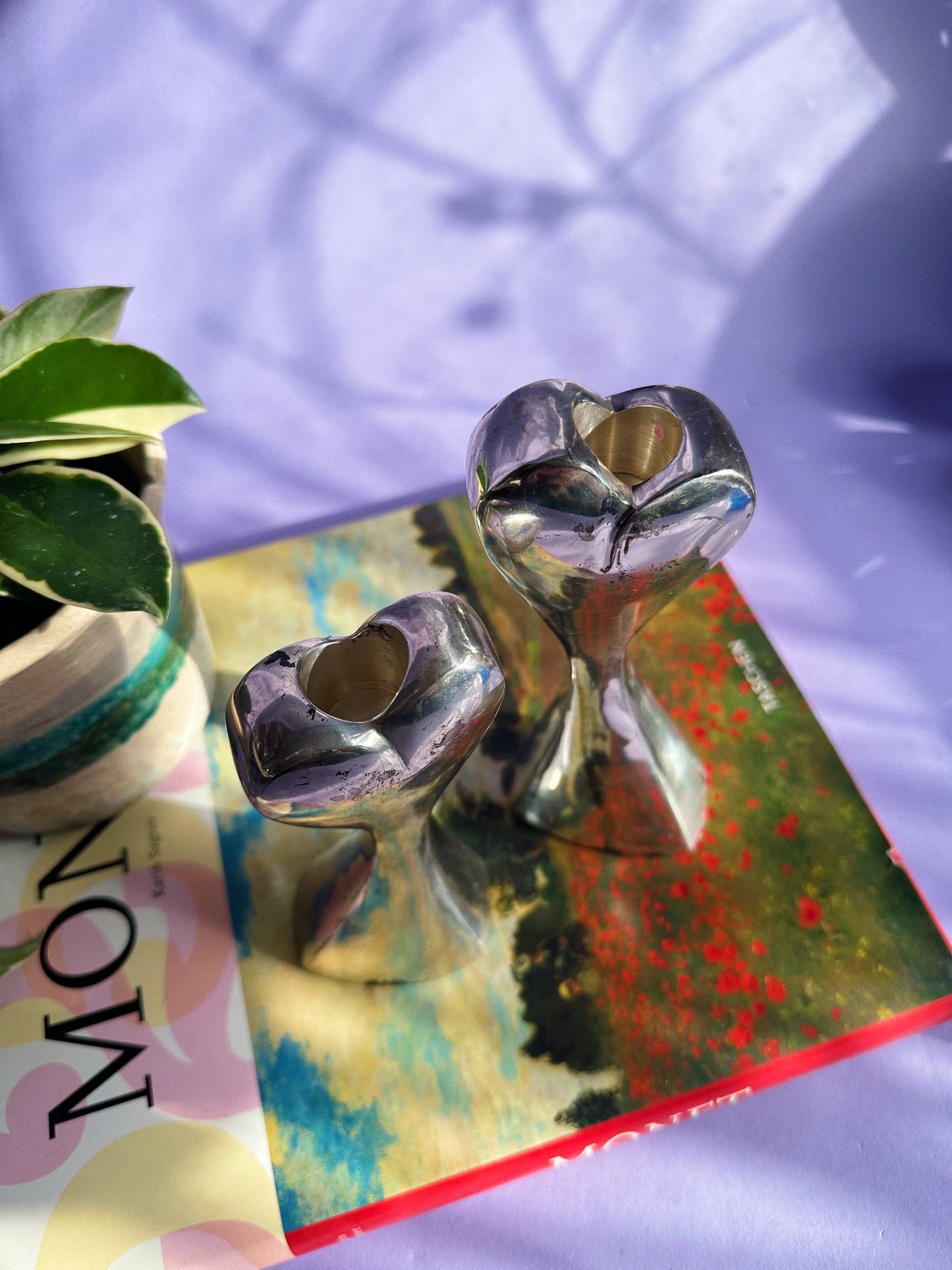 Vintage Teleflora Chrome Heart Shaped Candlesticks