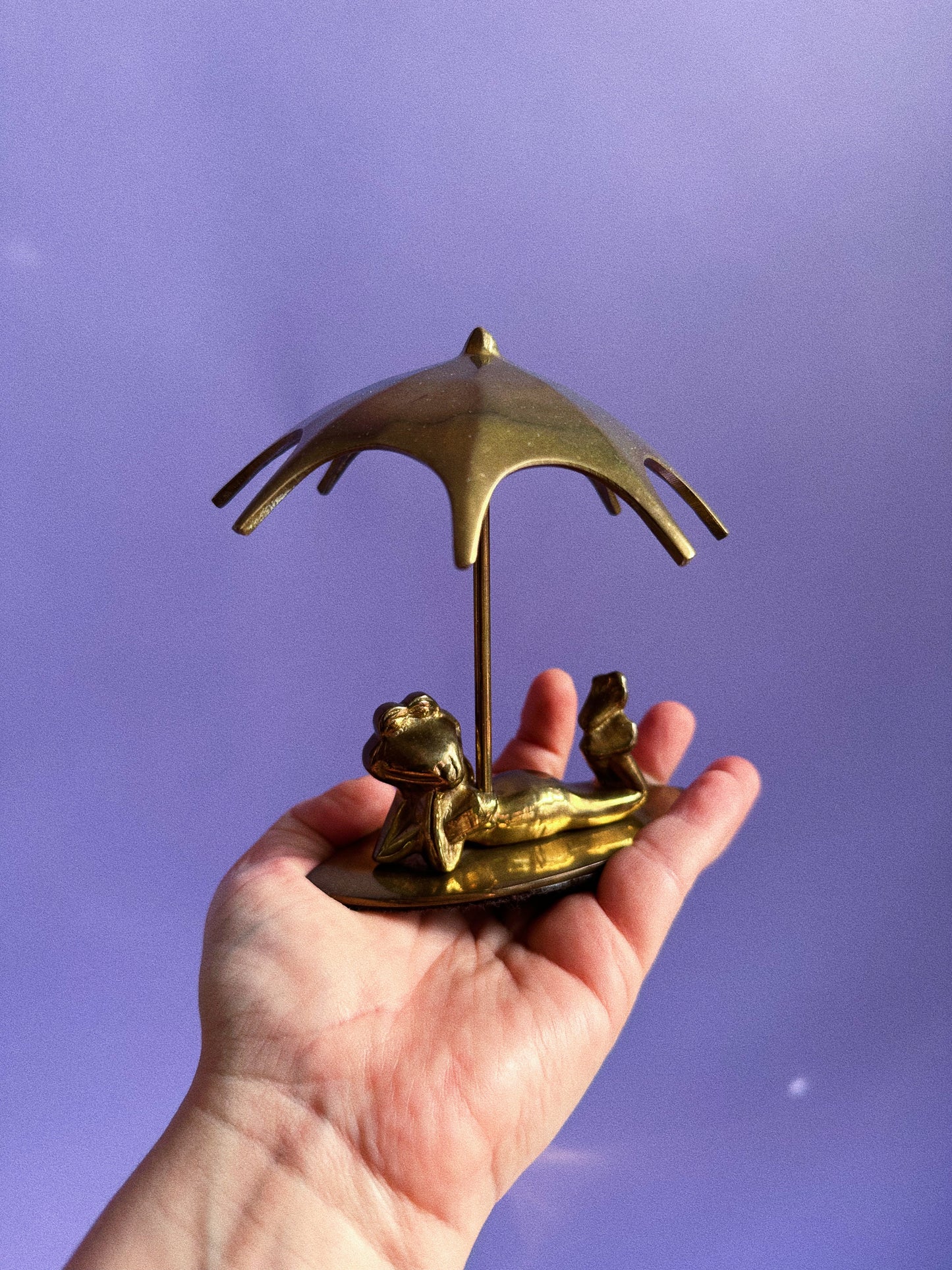 Vintage Brass Duck & Frog w/ Umbrella Sculptures