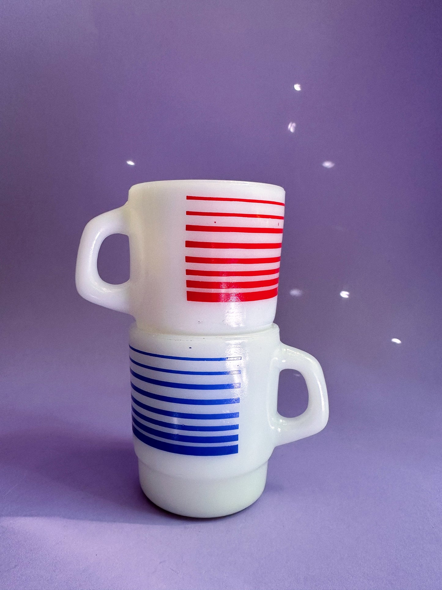 Vintage Pair of Termocrisa Milk Glass Red & Blue Striped Retro Mugs