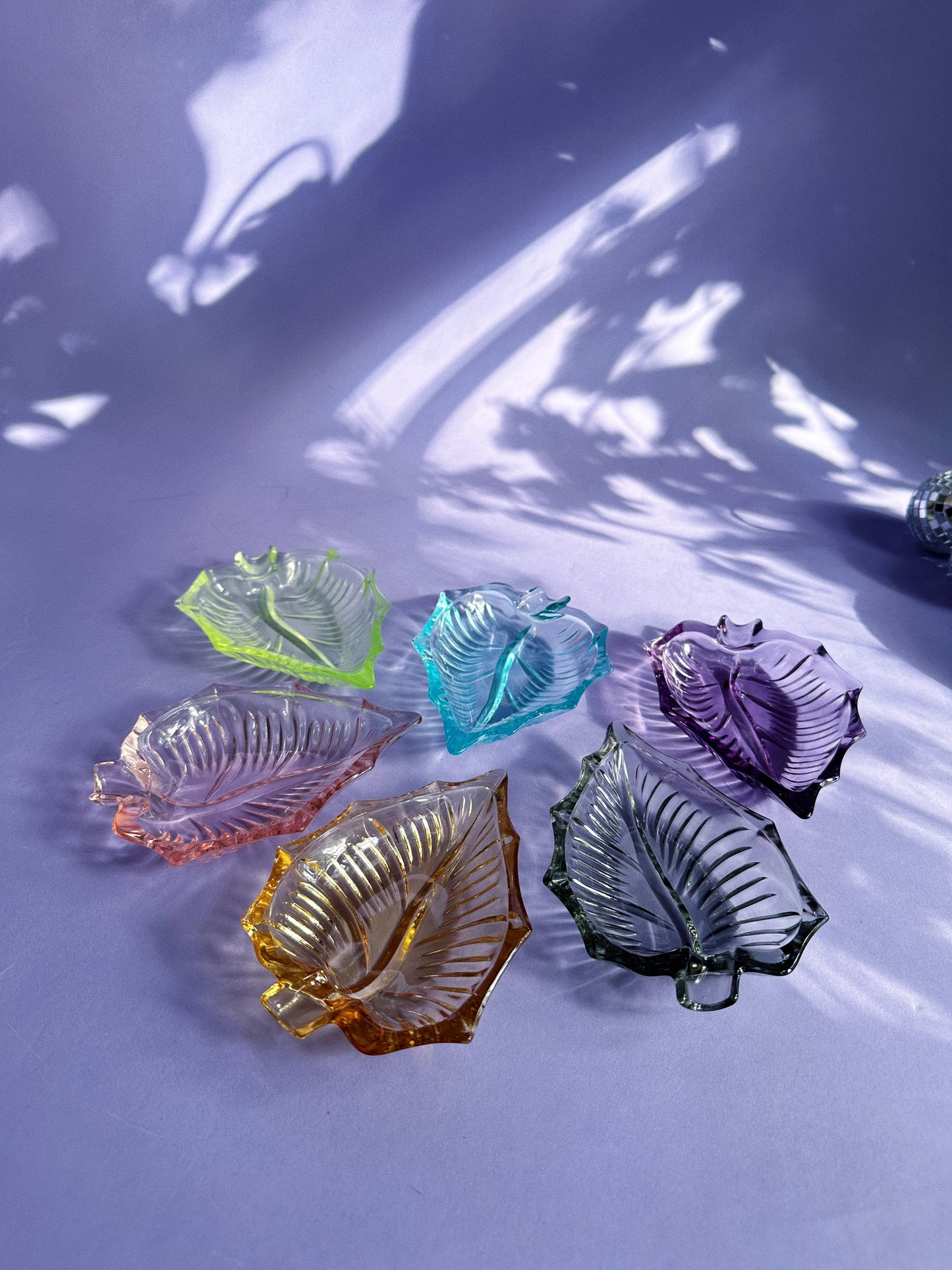 Vintage Japanese Leaf Shaped Harlequin Coloured Glass Ashtrays Set Of 6