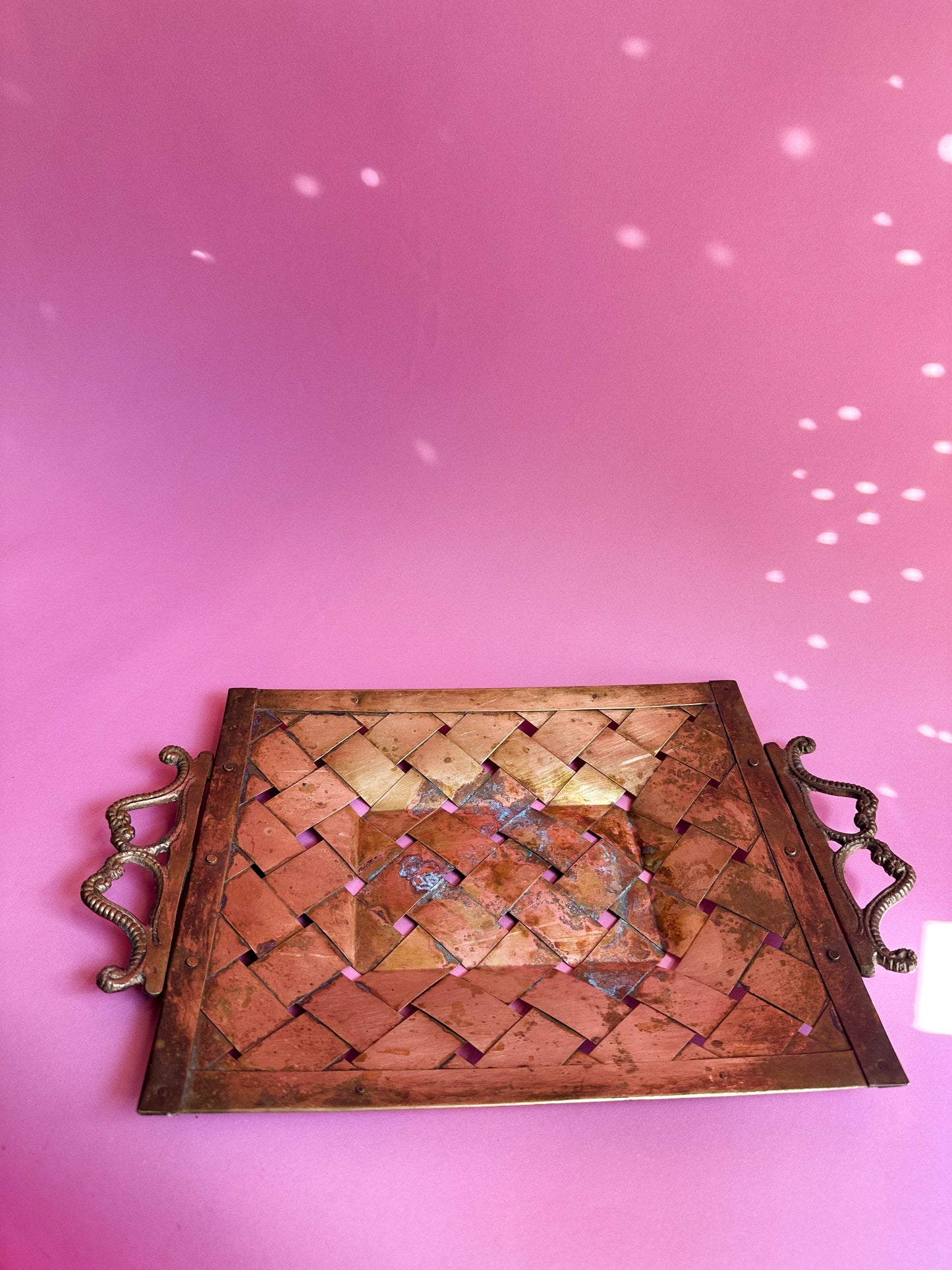 Brass Basket Lattice Weave Handled Tray Hollywood Regency Decor Candle Holder