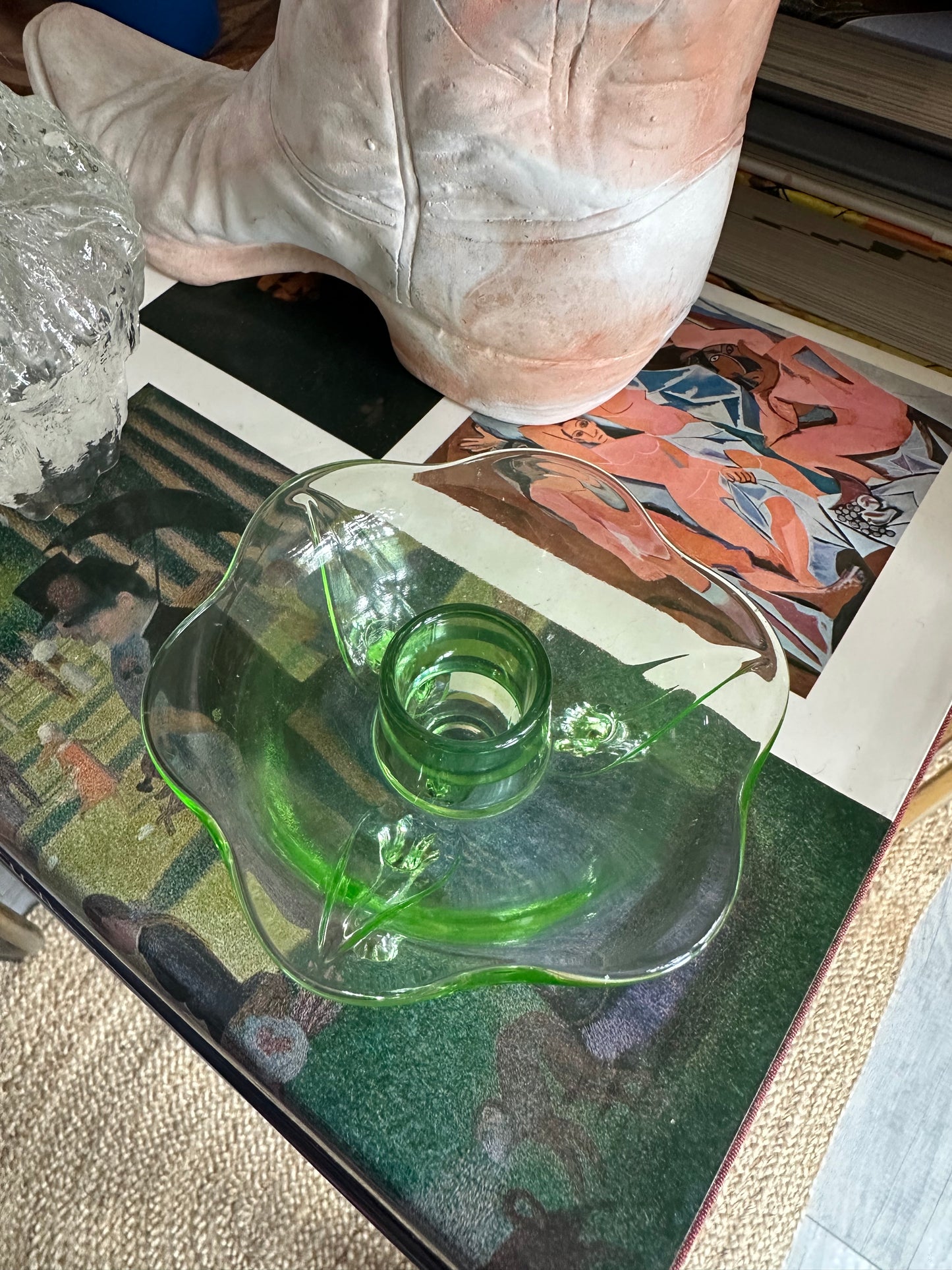 Vintage 1930s Uranium Glass Fostoria Footed Candleholders - Fairfax Pattern