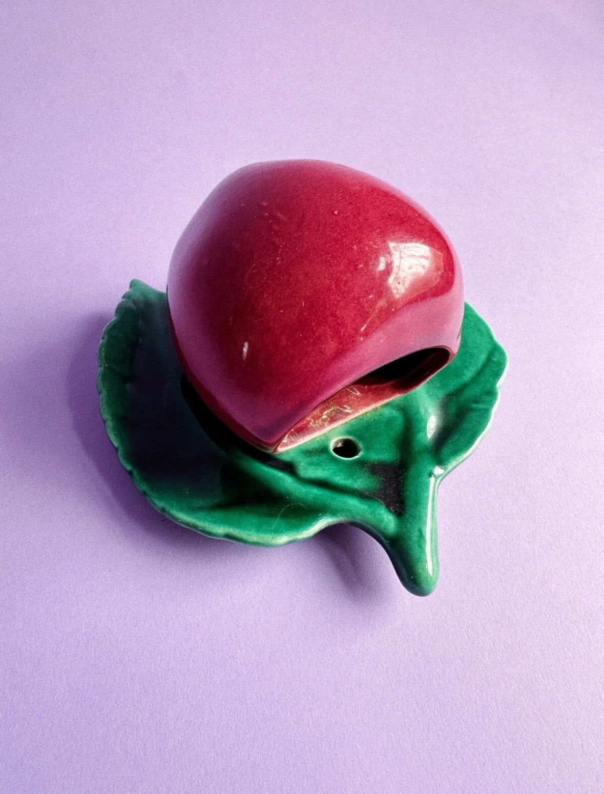 Vintage Art Pottery Red Apple Wall Pocket Green Leaf Majolica Unmarked McCoy