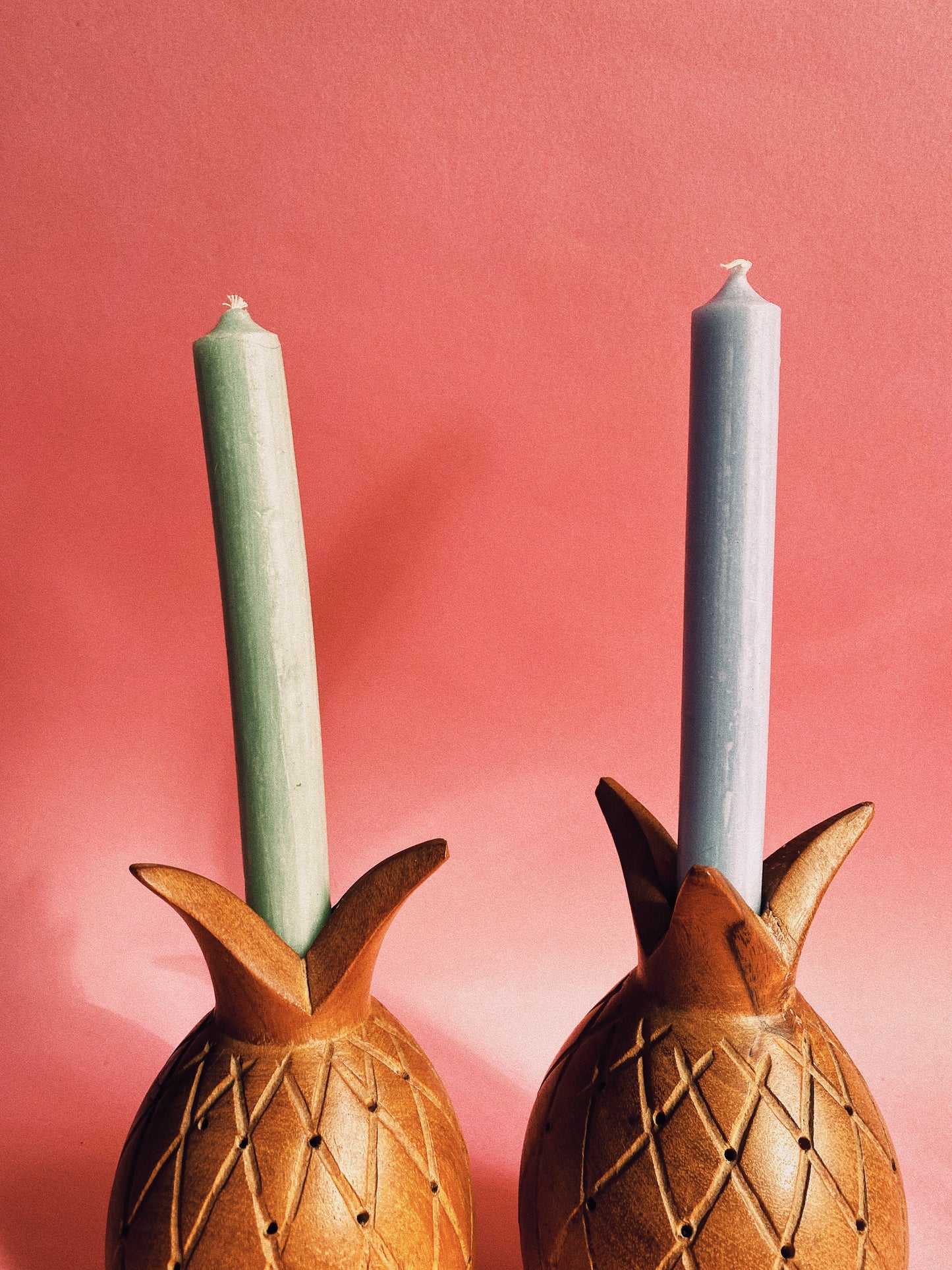 Pair of MCM Solid Handcrafted Pineapple Wood Candle Holders