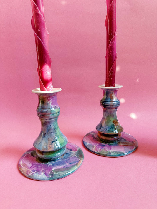 Vintage Ceramic Watercolour Glazed Candlesticks