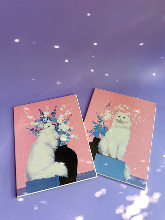 Vintage Pink White Cat Sally Ross Board Prints