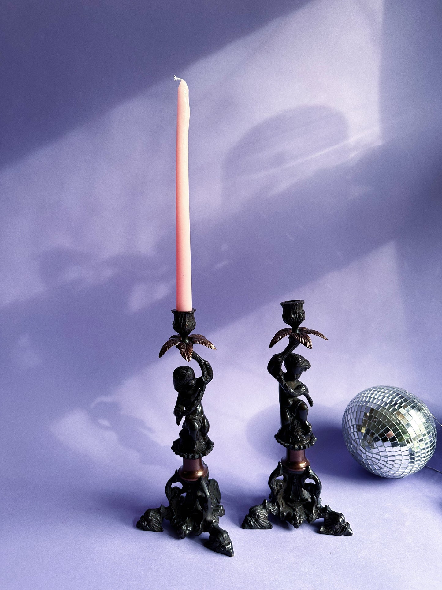 Pair Of Vintage Antique Heavy Cast Metal Cherub Candlesticks