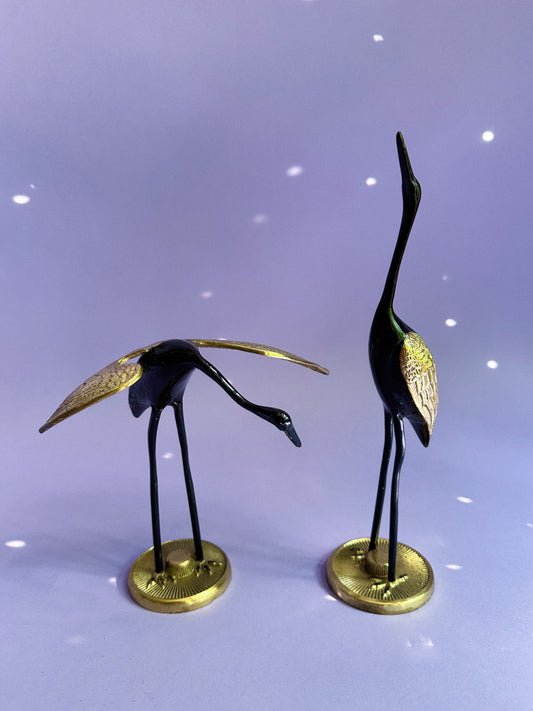 Vintage MCM Brass & Black Enamel Herons / Cranes Sculptures