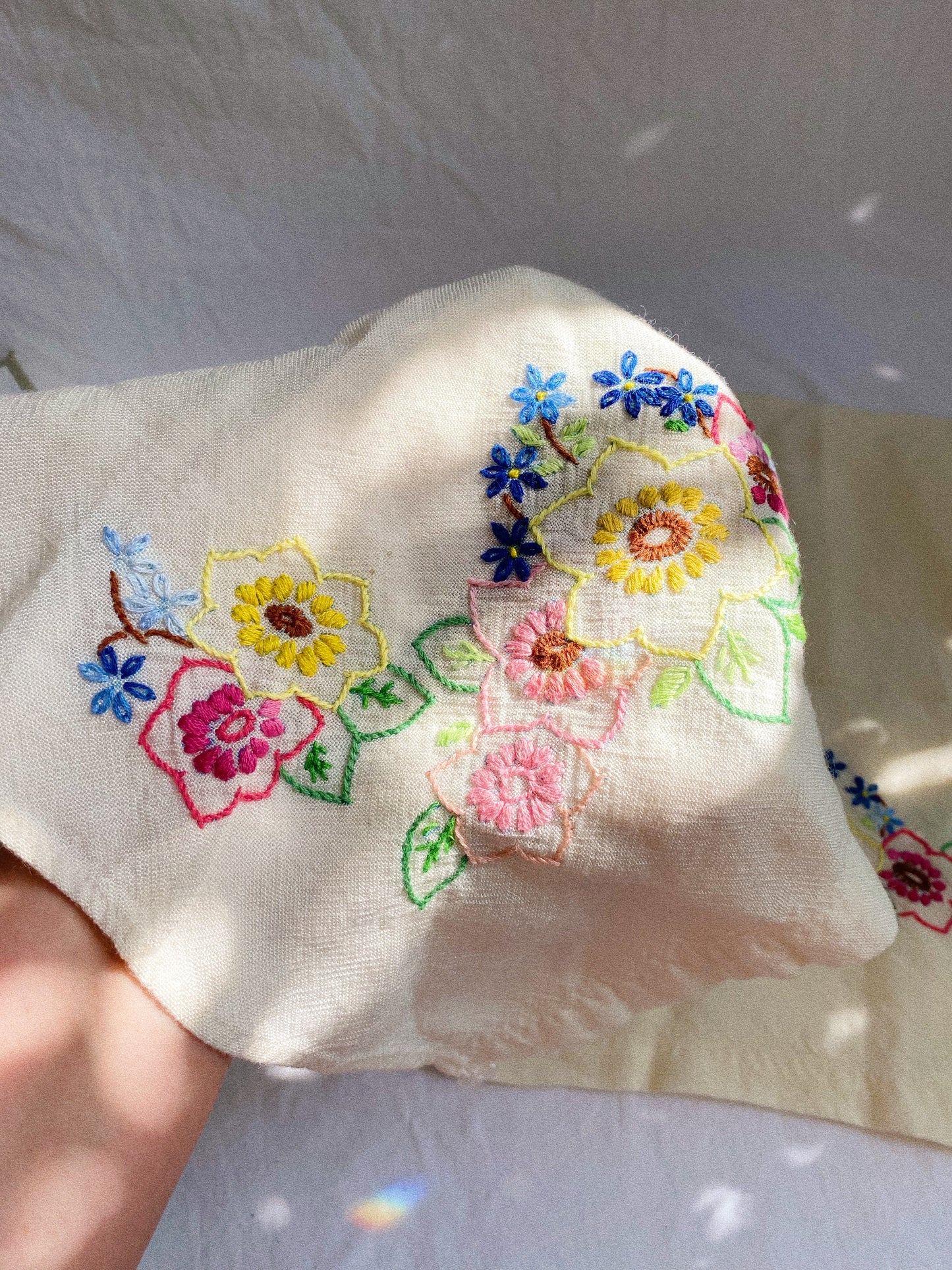 Pair of Vintage Floral Embroidered Linen Towels