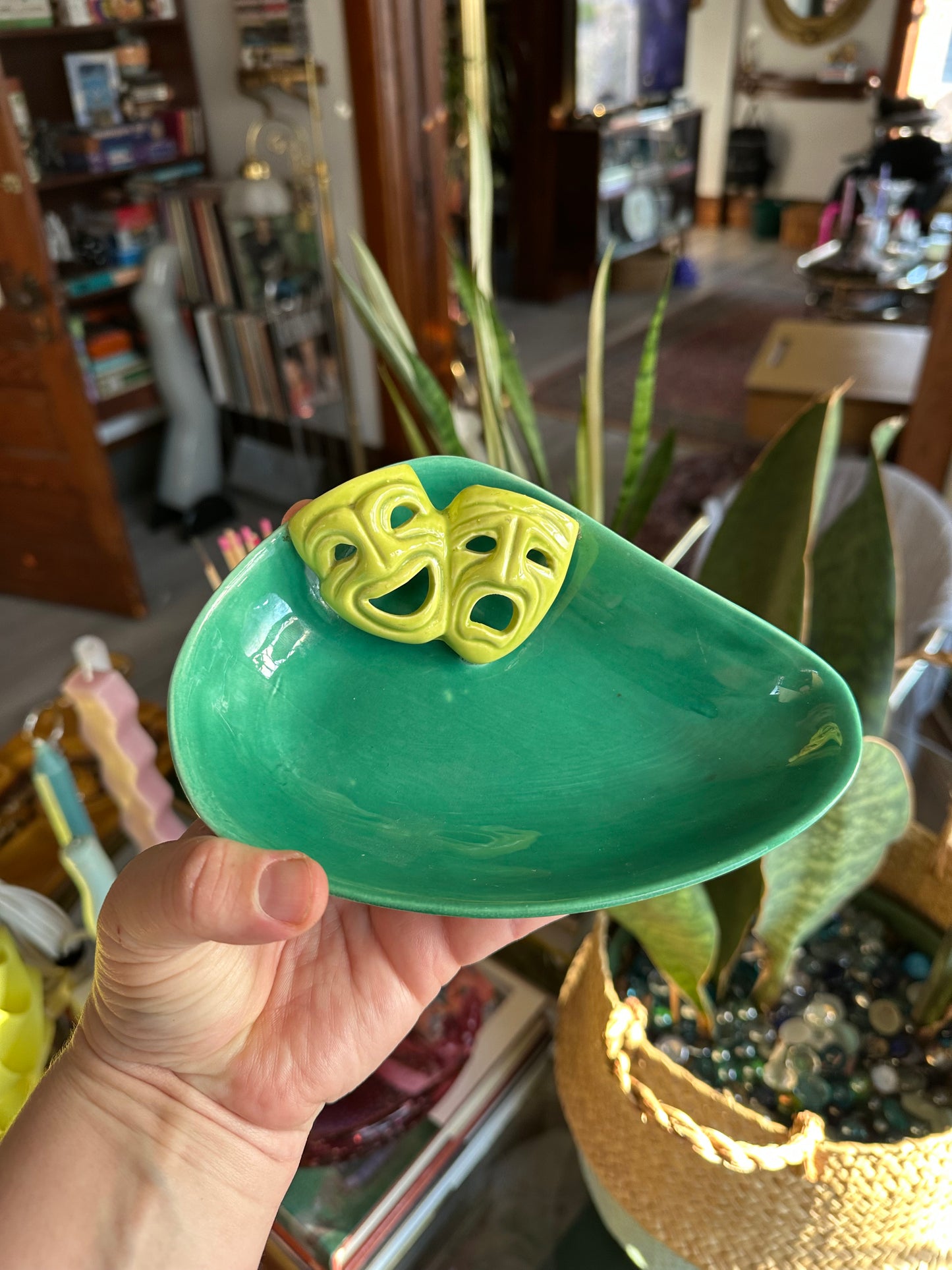 Vintage Mid Century Modern Green / Lime Dish W/ Comedy Tragedy Masks