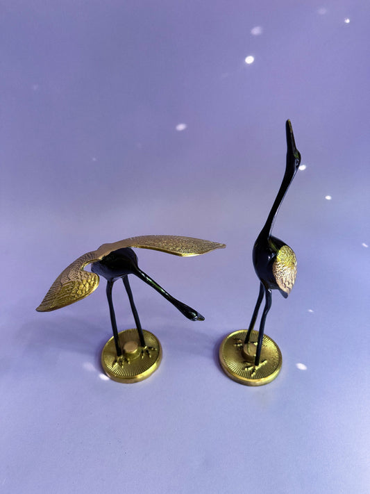 Vintage MCM Brass & Black Enamel Herons / Cranes Sculptures