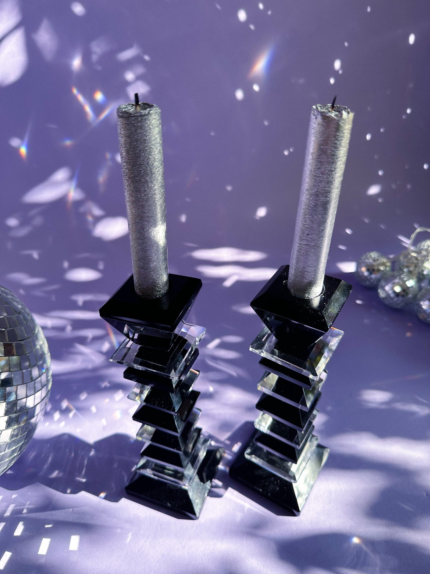 Vintage Heavy Crystal Black & Clear Candle Holders Candlesticks