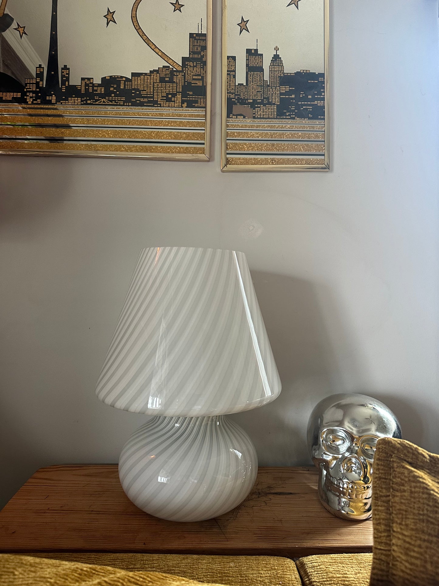 Vintage Vetri Murano White Swirl Glass Mushroom Table Lamp