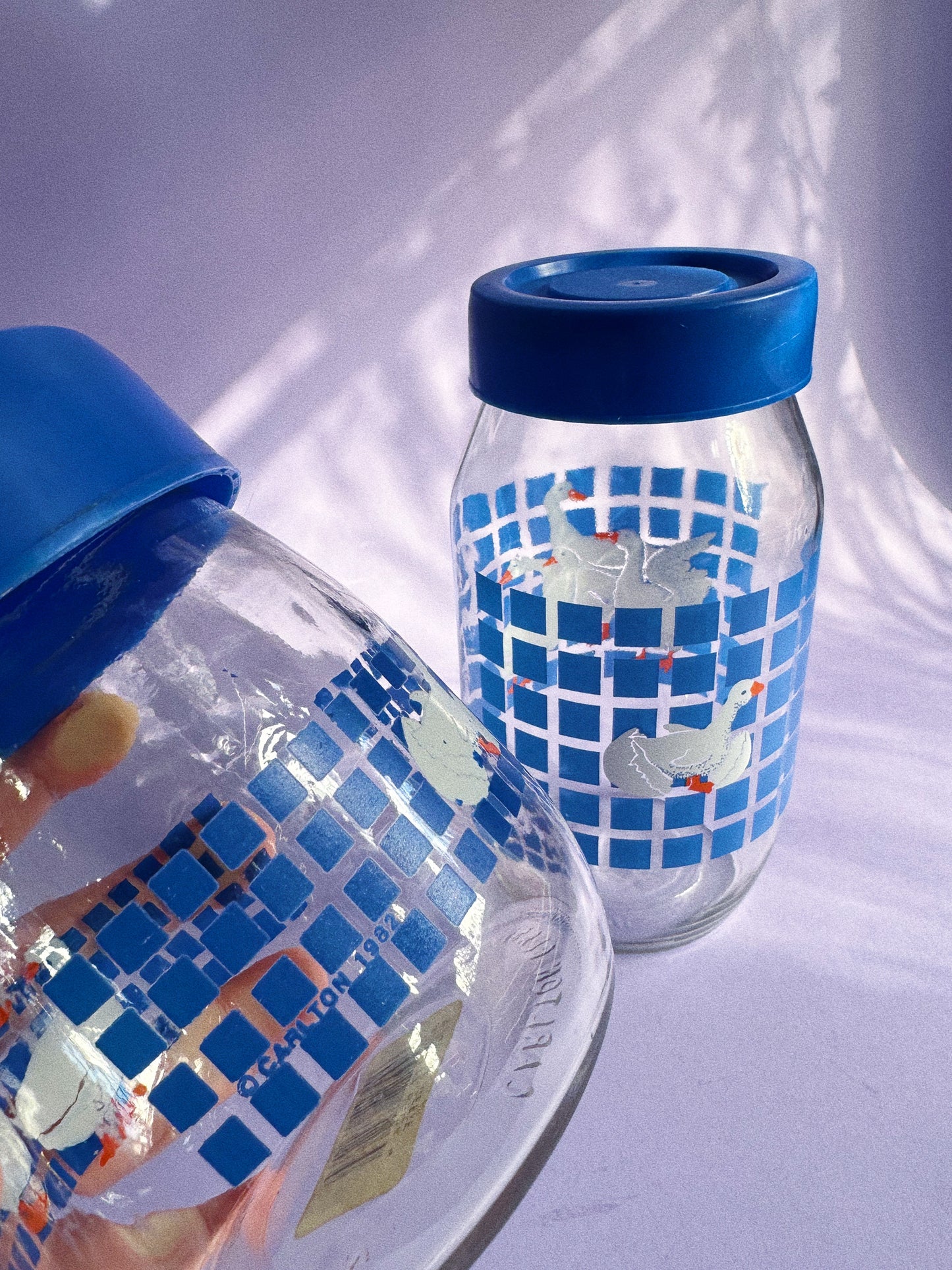 Vintage 1982 Carlton Glass Blue Lid Geese Duck Canisters