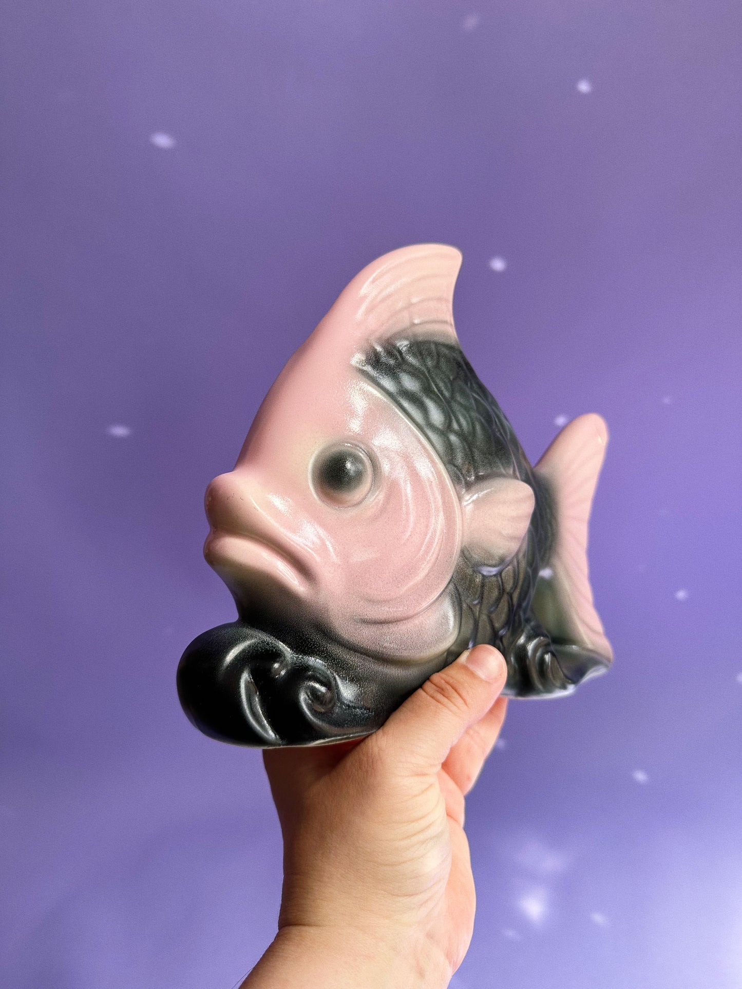 Angel Fish Wall Pocket Planter Black & Pink Vintage MCM Ceramic Pottery